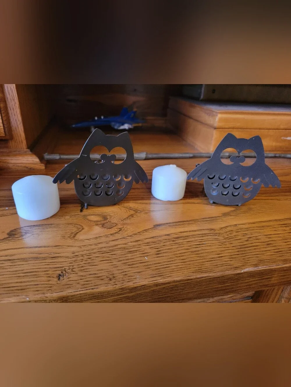 Orange Metal Jack-O'-Lantern Candle Holders with Bronze Owl Tea Light Holders